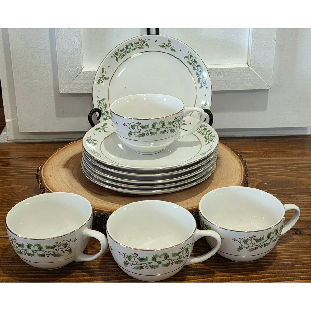 Gibson Christmas Holly Berry Cups-Dessert Saucers Set of 10 Holiday Gold Rim